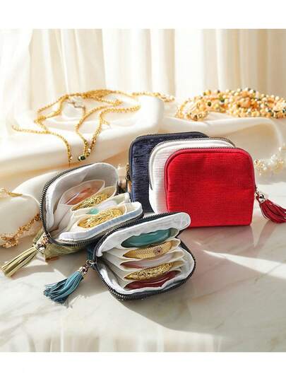 1pc/2pcs Luxurious Jewelry Organizer Pouches With Tassel Accents - Multi-Compartment Fabric Storage Bags For Necklaces, Bracelets, Earrings - Ideal For Travel, Gifts, Birthdays, Holidays, Travel Accessories | Elegant Jewelry Storage | Zipper Closure, Jewelry Boxes