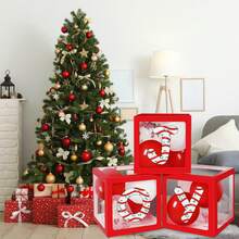 1 pieza Caja decorativa con globos con tema navideño, combinación de 26 elementos navideños en letras y caja transparente roja que se puede combinar para formar XMAS o JOY según los requisitos, para decoración de fiestas navideñas, adornos navideños, productos de combinación DIY navideños, regalos navideños, cajas de globos con tema navideño