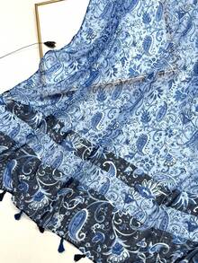 1 chiếc khăn quàng cổ in họa tiết đơn giản, khăn choàng tua rua nhẹ và thoáng khí, thiết kế thanh lịch và thời trang dành cho nữ, khăn quàng cổ lụa đa năng cho mùa xuân/hè, khăn choàng chống nắng ngoài trời đi biển, khăn trùm đầu cho trang phục - Màu xanh hải quân - Xem 6