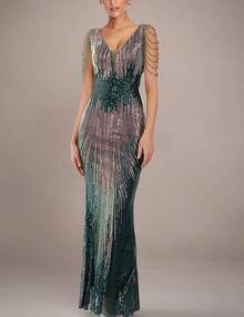 Women's Sequin Formal Evening Tassel Bead Sleeve Long Maxi Party Dress, Retro Glam Style RRV9 - Màu xanh lá cây rực rỡ - Xem 6