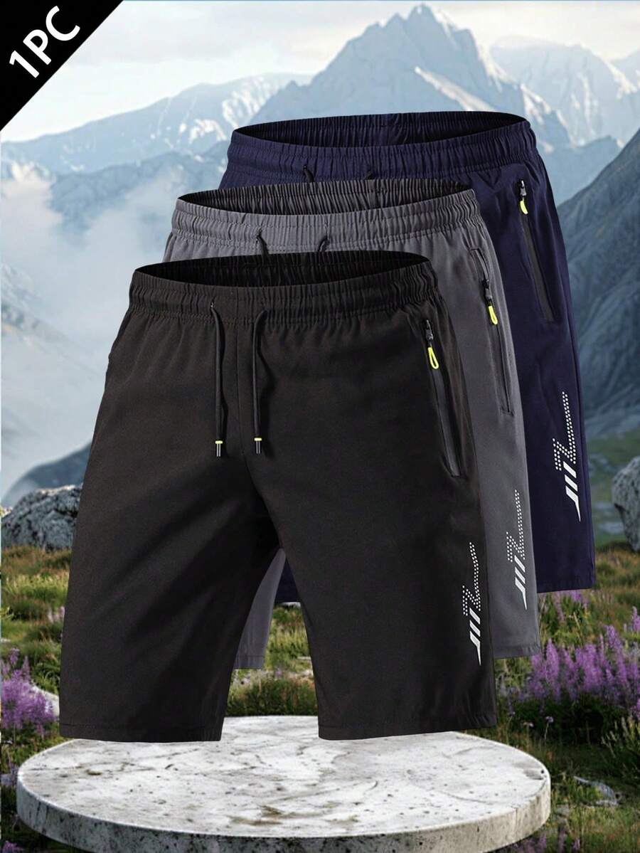 Men's Sporty And Casual Loose Quick-Drying Shorts, With Reflective Strip Design, Pocket, Zipper And Drawstring At The Waist, Suitable For Fitness, Running And Outdoor Activities
