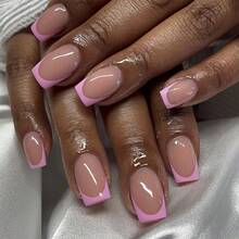 Press On Nails Square Short Fake Nails Purple French Tip False Nails Pink Acrylic Nails Press Ons With Glossy Glue On Nails Full Cover Stick On Nails Artificial Nails For Women Manicure Kit 24Pcs - Purple Pink - 查看 1