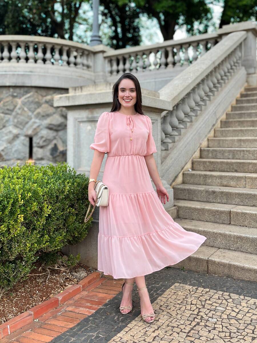 RIVERA. ELEGANT PLAIN MIDI DRESS WOMEN'S DRESS - Baby Pink - View 1
