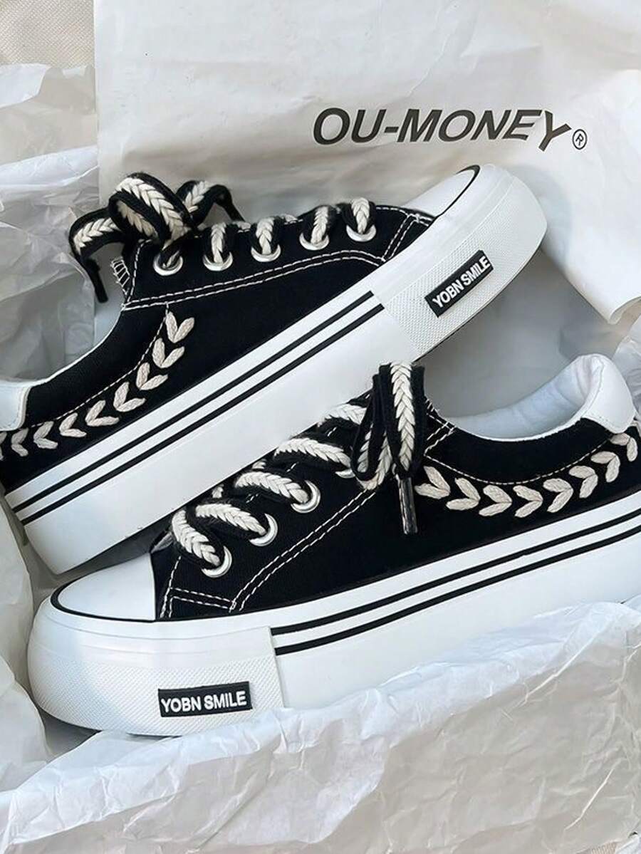 Blumen-Muster Schnürsohle Dicksohle Leinwand Schuhe, geeignet für Schule, Outdoor, Festivals, alle Jahreszeiten, Größe 35-40