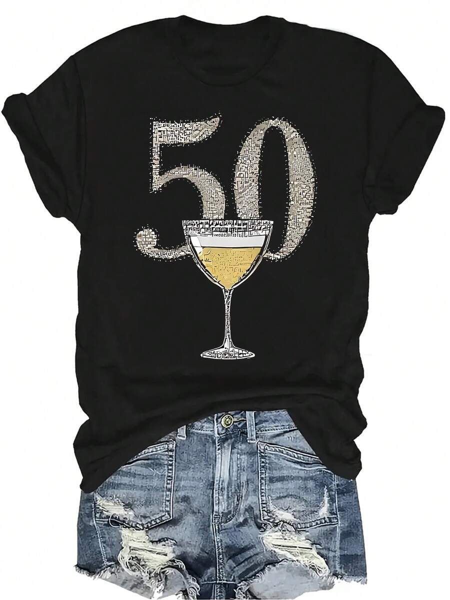 Camiseta brillante talla 50 para mujer y unisex, de verano, casual, transpirable, con personalidad, cuello redondo, manga corta, estilo urbano, versátil, adecuada para adolescentes y adultos - Negro - Ver 1