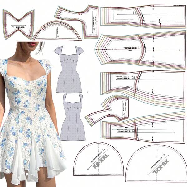Godet Dress 6 Sizes (XS-XXL) Sewing Patterns,Two Types Of Cuffs,1:1 Scale Basic Women's Garment Sewing Patterns,Including Step-By-Step Color Graphic Tutorial,Sewing Patterns For Beginners,Apparel Making Templates,Handmade Garment Sewing Patterns