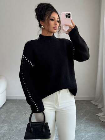 Women's Fashion Elegant Stand Collar Contrast Color Patchwork Soft Elegant Long Sleeve Sweater, Casual, Winter Sweater, Outdoor Attire