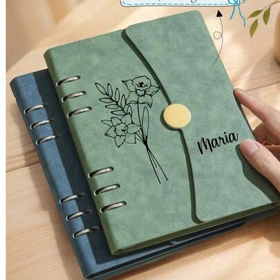 Cuaderno de piel personalizado, personalizable con nombre, mes y patrón floral - Cuaderno de hojas sueltas personalizable - Juego de cuaderno de piel pura A5 personalizado con bolígrafo a juego, cuaderno de viaje/maestro/iglesia personalizado, regalo de fin de año, regalo de graduación, regalo de nuevo trabajo - Regalo para maestros, planificador de maestros, suministros de oficina, regalo de papelería, diario de viaje, regalo de Halloween