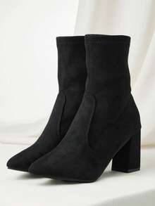 2025新款经典尖头粗跟女式踝靴，百搭时尚短靴，弹力中筒靴，母亲节圣诞节冬季礼物 - 黑色 - 查看 7