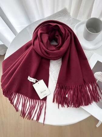 FADZOYLE 1 pezzo Sciarpa invernale da donna in lana bordeaux, morbida e setosa come il pashmina, scialle e stola adatta per abiti da cerimonia, da regalo, da viaggio e per l'ufficio, grande sciarpa tinta unita con nappe