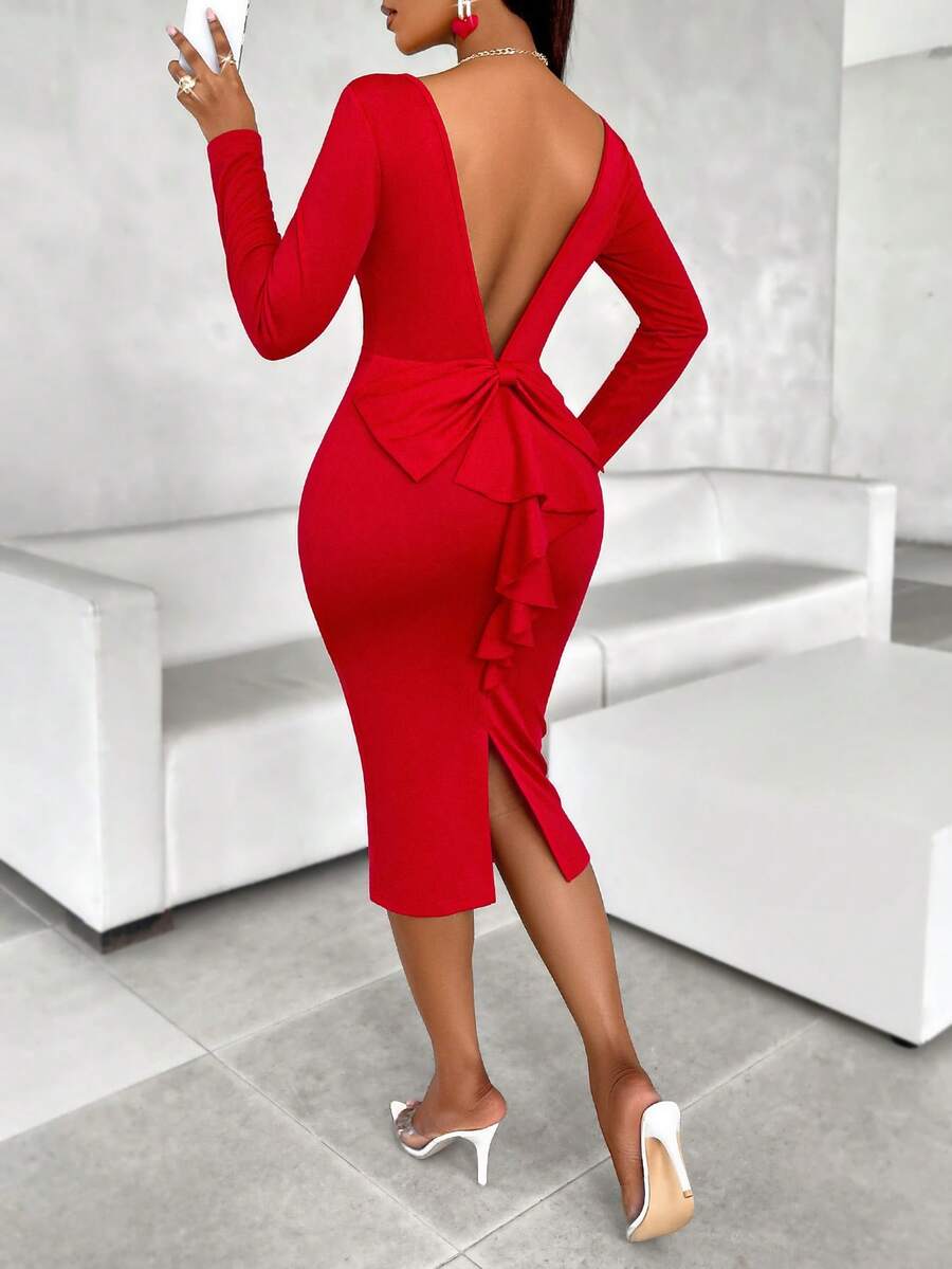 Vestido ajustado de manga larga con escote bajo, espalda abierta y lazo, corte recortado, unicolor, para citas y fiestas