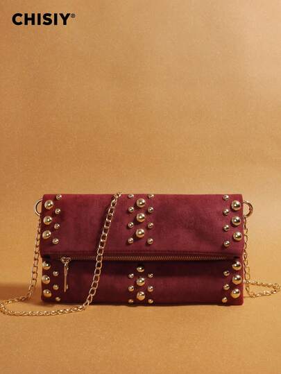 CHISIY Bolsa bordô com corrente e rebites, design arrojado e estilo único que chamam a atenção, rebites dourados por todo o corpo da bolsa, alça de ombro removível com corrente dourada, pode ser carregada na mão ou no ombro, amplo espaço interno para acomodar facilmente itens do dia a dia, como telefone, carteira e chaves
