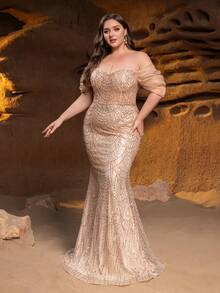 Elisanya Elegante vestido de gala de sirena con cuentas impactante con mangas voluminosas con hombros descubiertos - Bordado tipo escamas y dobladillo de cola de pez para eventos de gala, fiestas de etiqueta y glamour de celebridades