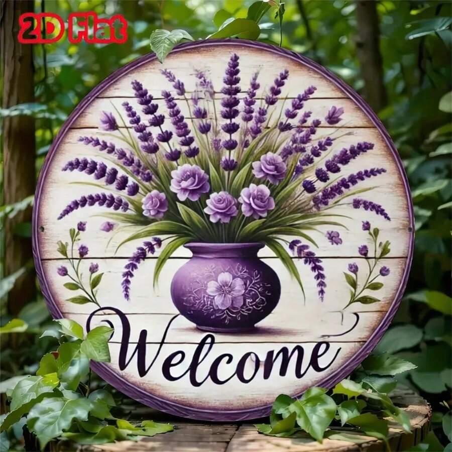 Vintage Metal Plate,Lavender Wreath Welcome Sign, Wall Art, Durable Metal Floral Theme Hanging Plaque,Room Decor - 彩色 - 查看 1