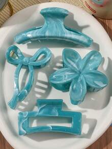 4 pezzi Fermagli per capelli quadrati in materiale ABS, stile boho dolce, colore azzurro cielo, con fiori e fiocchi, adatti per spiaggia, autunno, moda, accessori per capelli eleganti, per vacanze e outfit invernali da donna - Multicolore - Visualizzare 1