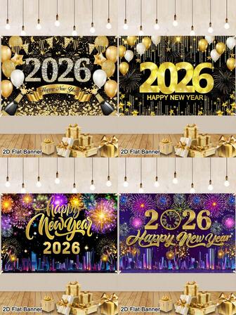 新年快乐派对背景，120x80厘米黑金闪钻彩色烟花图案，涤纶面料新年标志海报横幅，新年拍照亭背景派对装饰，新年派对用品，2026年新年快乐装饰