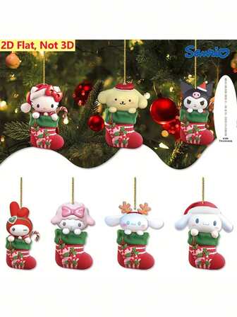  2D 平面，7 件/套可爱 Sanrio 圣诞主题亚克力吊坠 - 卡通人物平面印花设计，适用于汽车内饰、背包挂饰、钥匙扣配件、节日派对装饰、圣诞树装饰 | 趣味配饰 | 理想的节日礼物