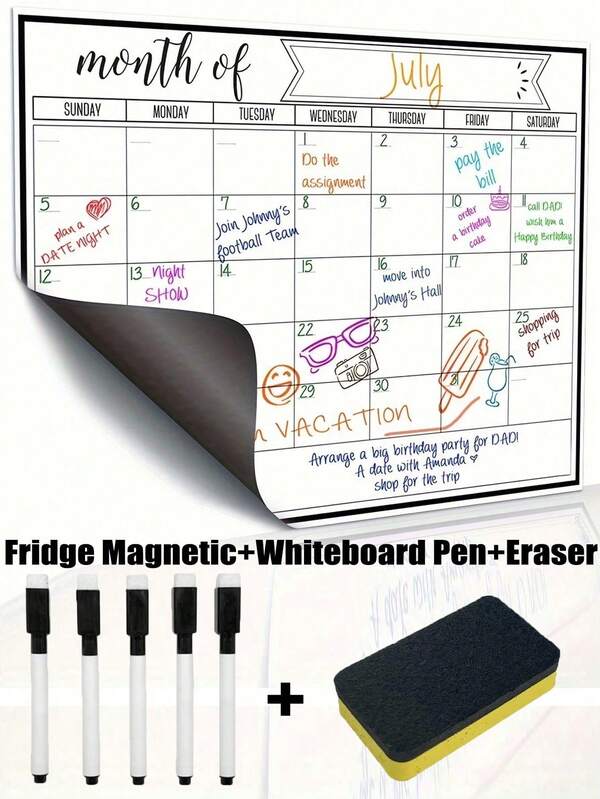 1pc Dry Erase Magnetic Fridge Calendar Whiteboard, Strong Magnet Refrigerator Monthly Planner For Kitchen Organization, Family Meal Planning, Chore Chart, To-Do Lists, School Supplies, Back To School, Non-Ghosting White Surface, Easy Clean, Reusable