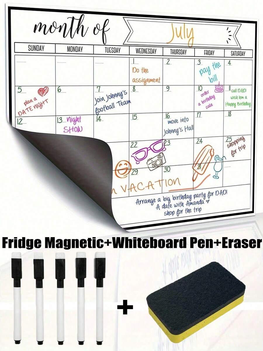1pc Dry Erase Magnetic Fridge Calendar Whiteboard, Strong Magnet Refrigerator Monthly Planner For Kitchen Organization, Family Meal Planning, Chore Chart, To-Do Lists, School Supplies, Back To School, Non-Ghosting White Surface, Easy Clean, Reusable