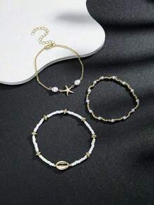 3pcs/Set Summer Beach Style Metal Starfish & Shell Beaded Glass Bracelet Set For Women - Nhiều màu - Xem 11