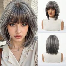 12 英寸优雅灰色长卷发假发，带挑染和刘海 - 深色发根至浅色发梢，适合女士日常派对度假旅行的合成假发