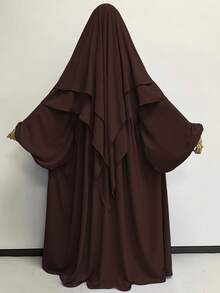 1 Set Soft Double-Layer Solid Color Hijabs Headscarf With Tie Design + Muslim Abaya Dress With Pleated Front Design, Classic Versatile Abaya Jilbab, Suitable For All Seasons, Casual, Cute, Elegant, Made Of Polyester