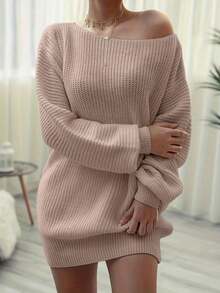 Off-Shoulder Solid Color Casual Loose Knit Sweater Dress - Dusty Pink - View 3