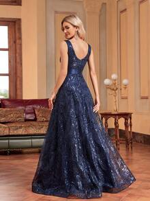 Đầm dạ hội dài đến sàn, không tay, ôm eo, cổ chữ V, không đính sequin và thêu họa tiết của BluePlum dành cho nữ, thanh lịch, trang trọng (đính kèm nhiều chi tiết) cho đám cưới mùa xuân. - Màu xanh hải quân - Xem 8