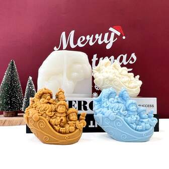 新款圣诞老人雪橇硅胶模具，DIY 圣诞礼物模具适用于环氧树脂、香薰蜡烛、石膏、水泥、聚合物粘土和其他材料，用于制作圣诞家居装饰，手工硅胶模具，树脂蜡烛制作模具，工艺用品，3D 模具