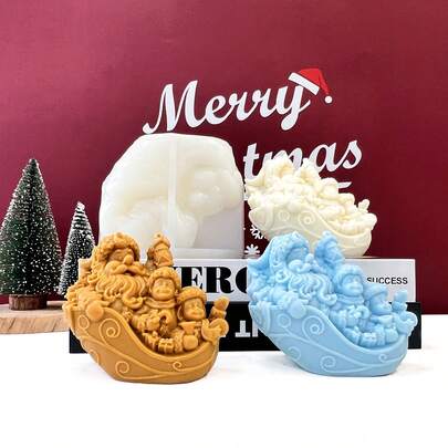 Novo molde de silicone de Papai Noel em um trenó, molde para presente de Natal faça você mesmo, adequado para resina epóxi, vela perfumada, gesso, cimento, argila de polímero e outros materiais para decoração de Natal, molde de silicone feito à mão, molde para fazer velas de resina, materiais de artesanato, molde 3D