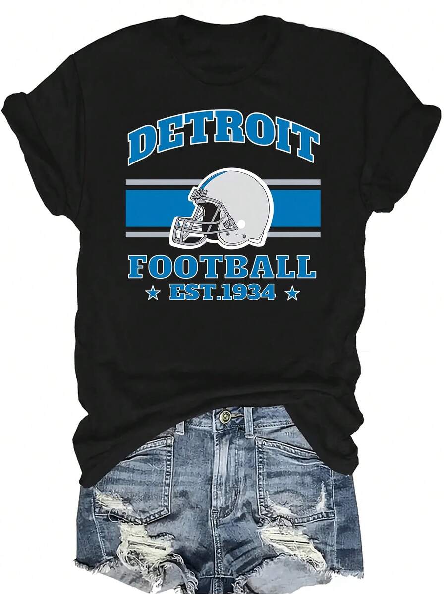Camiseta Detroit Unisex de verano, casual, transpirable, de personalidad, cuello redondo, manga corta, ropa de calle, versátil, adecuada para adolescentes y adultos - Negro - Ver 1