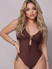 Women's May Disguise Belly With Padding And Ring Beach Fashion Pool Summer - 棕色(有環) - 查看 2