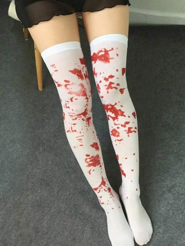 Halloween Cosplay Horror Atmosphere Decor Thigh High Socks, Makeup Party Costume Accessories Nurse Bloody Stockings, Zombie Bleeding Socks