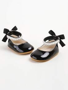 婴儿/新生儿玛丽珍平底鞋 - 婴儿学步鞋，柔软橡胶鞋底，公主风婚鞋 - 黑色 - 查看 6