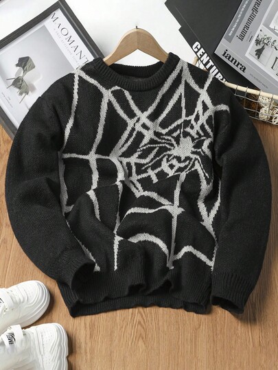 1pc Tween Boys Spider Web Pattern Pullover Sweater For Halloween, School