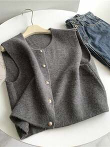 Cárdigan sin mangas tejido elegante de estilo coreano para mujer, blusa casual y moderna, fácil de combinar para un look de calle - Gris - Ver 9