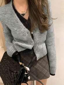 Grey V-Neck Loose Cardigan With 2 In 1 Design, Long Sleeve, Autumn/Winter - Grey - View 2