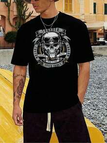 Biker Skull T-Shirt, Men's T-Shirt With Double-Sided Print, Fashionable, Casual, Round Neck, 220 G/M2, Pure Cotton (1 Piece) - 黑色 - 查看 2
