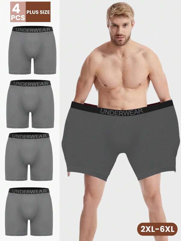 4pcs/Pack Plus Size Men's Dark Grey Seamless Elastic Waist Gym Workout Shorts, Minimalist Casual Soft & Comfortable, Suitable For Running, Daily Wear Boxer Briefs