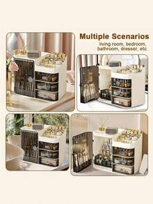 Makeup Storage Box And  Care Product Storage Box, A High-Capacity Cosmetic Storage Solution. Cosmetic Storage Cabinet With 3 Drawers And Mirrors, Cosmetic Display Case Bathroom Cosmetic Organizer, Table And Drawer Organizer For Home Storage - dark black - 查看 6