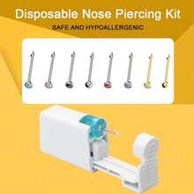 2 piezas Perforadora de nariz desechable con pendientes de nariz incorporados - Kit de perforación de nariz por uno mismo con 6 piezas de anillos de joyería para la nariz - 2 dispositivos para perforar la nariz + 6 alfileres para la nariz. - Ver 4