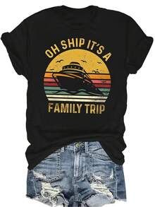 Camiseta de crucero de viaje familiar, unisex, de verano, casual, transpirable, de personalidad, de cuello redondo, de manga corta, ropa de calle, versátil, adecuada para adolescentes y adultos - Negro - Ver 1