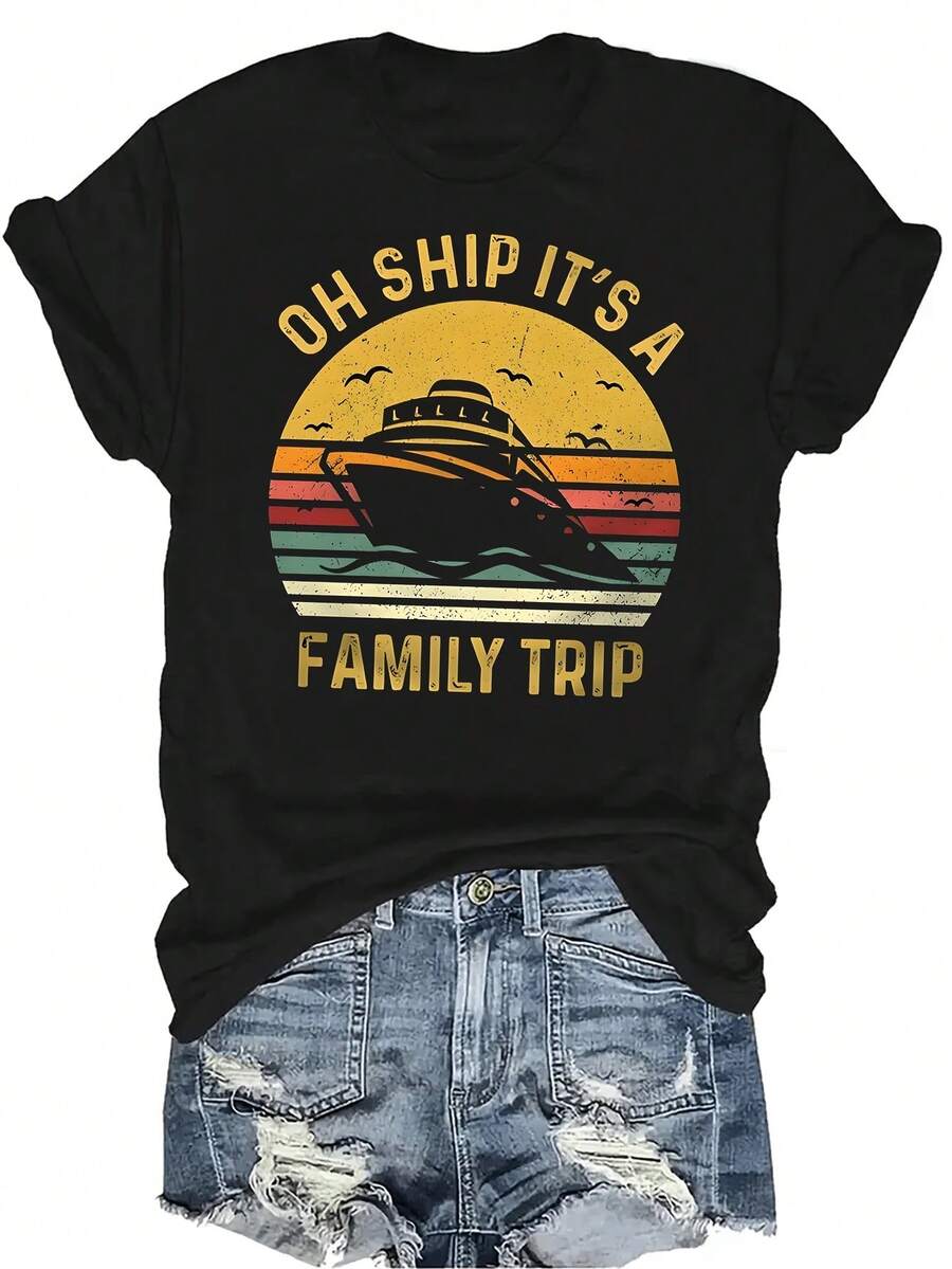 Camiseta de crucero de viaje familiar, unisex, de verano, casual, transpirable, de personalidad, de cuello redondo, de manga corta, ropa de calle, versátil, adecuada para adolescentes y adultos - Negro - Ver 1