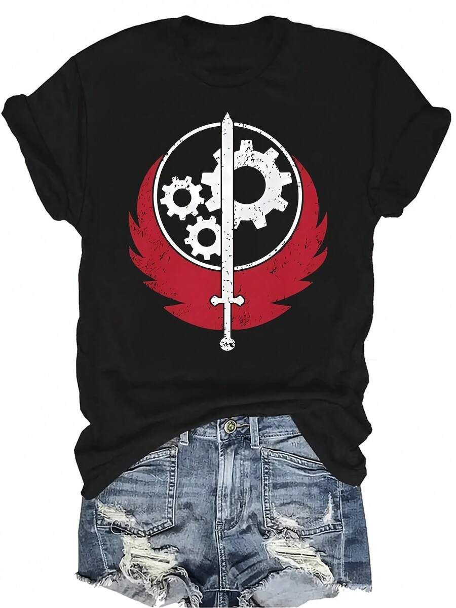 Camiseta gráfica de verano informal y transpirable con cuello redondo y manga corta, de estilo versátil, adecuada para adolescentes y adultos, con el diseño del Hermandad del Acero de Fallout - Negro - Ver 1