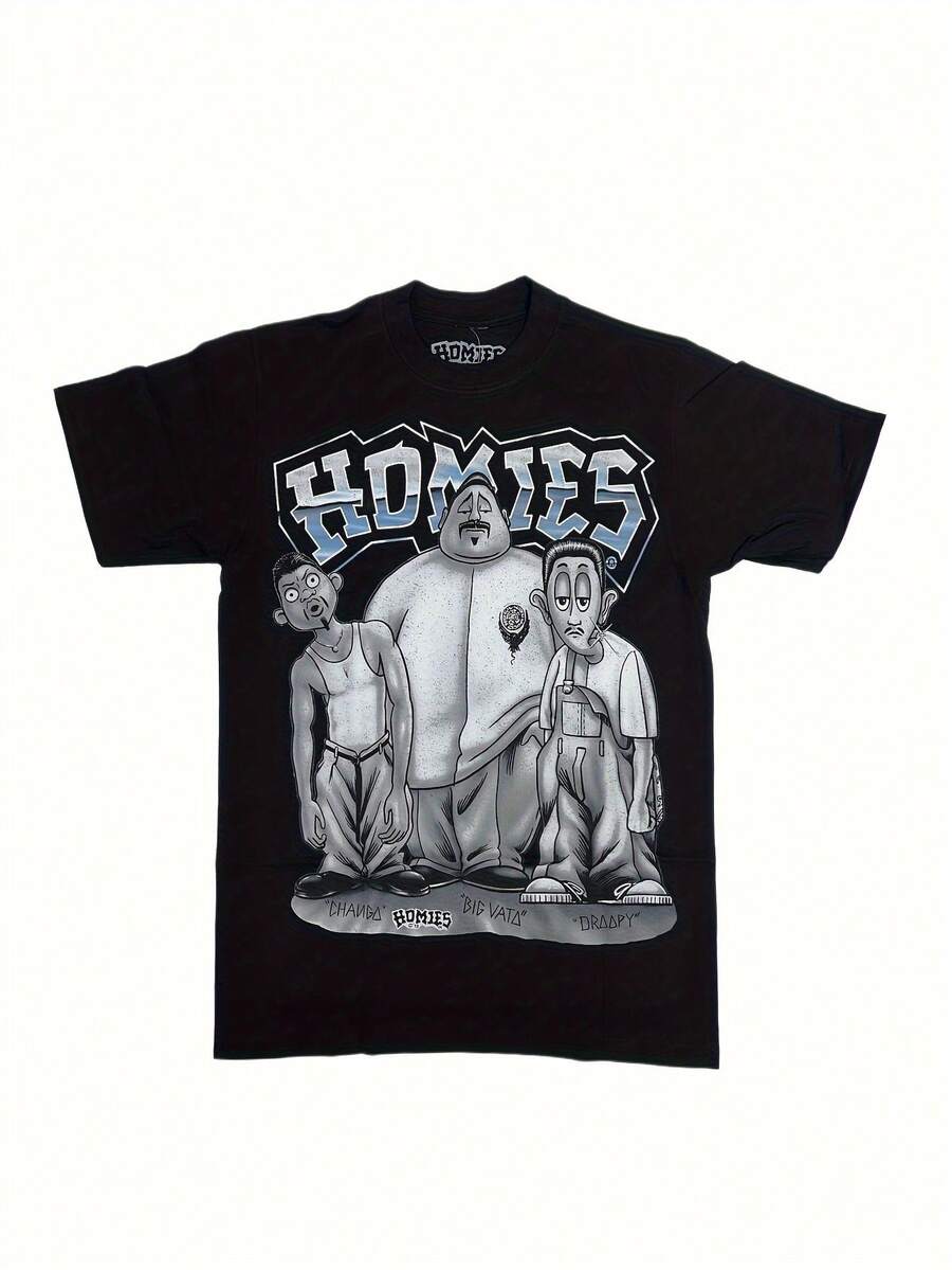 Men'S Retro "HOMIES" Graphic T-Shirt - Dark Wind Comfort Cotton, Casual Crew Neck, Regular Fit, Ideal Spring/Summer/Fall, Perfect Valentine'S Day Gift, Casual Wear Tee |   Bold Lettering Design |   Comfortable Fit - 黑色 - 查看 1