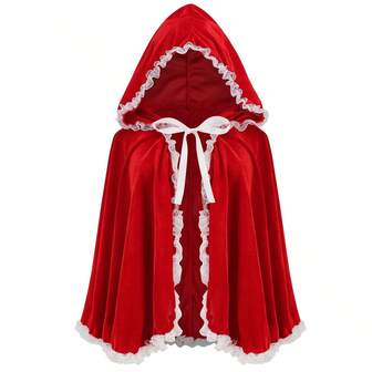 Capa con capucha de terciopelo y encaje blanco para mujer, capa de fantasía para Navidad, cosplay y fiestas