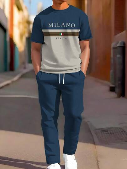 2 件套男士透气舒适运动服，优质面料超柔软渐变休闲圆领短袖上衣和慢跑裤套装，流行服装，舒适服装