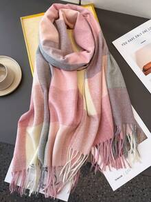 1pc Fall Winter Women Elegant Vintage Multi Color Plaid Stripe Faux Cashmere Scarf/Shawl,With Tassels,Unisex Winter Warm Casual Thick Style Neck Scarf For Dress - Pink - View 5