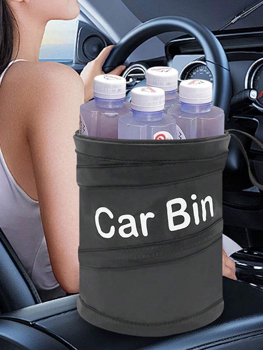 1pc Multi-Function Car Trash Can, Spiral Garbage Bin, Foldable Car Organizer Box - Black - View 1