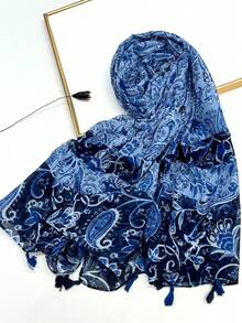 1 chiếc khăn quàng cổ in họa tiết đơn giản, khăn choàng tua rua nhẹ và thoáng khí, thiết kế thanh lịch và thời trang dành cho nữ, khăn quàng cổ lụa đa năng cho mùa xuân/hè, khăn choàng chống nắng ngoài trời đi biển, khăn trùm đầu cho trang phục - Màu xanh hải quân - Xem 3